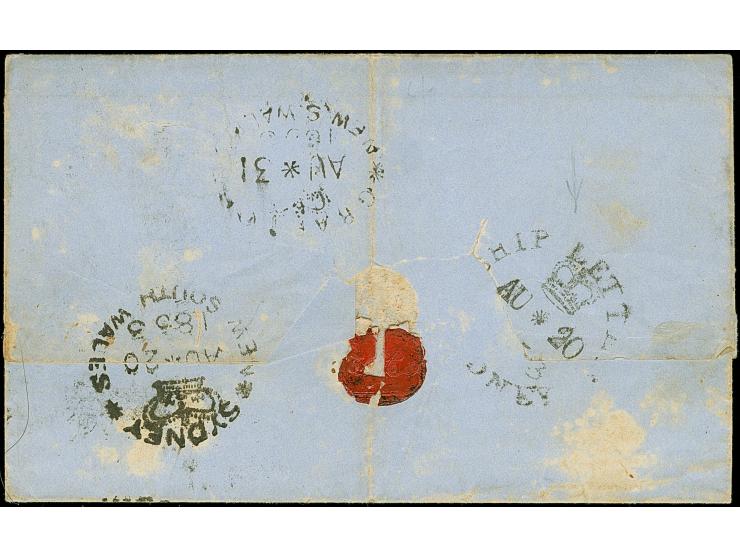 1853, 2 d. deep ultramarine, plate II, bluish paper, single tied to envelope from Sydney by mute cancel, good margins on thre