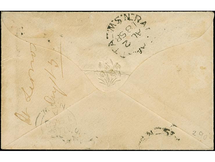 1856/60, 1 d. orange-vermilion horizontal pair tied by barred oval handstamps on envelope to Sydney, well margins on three si