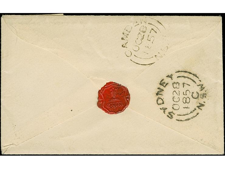 1857, Queen Victoria, 2 d. blue, good to large margins (bit of adjacent stamp visible at bottom), tied to small cover by very