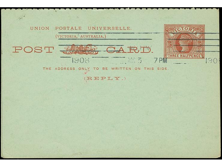 1908, 1½ d. + 1½ d. brown on blueish postal stationery complete answering card cancelled MELBOURNE 25/2/08 and on reverse mac
