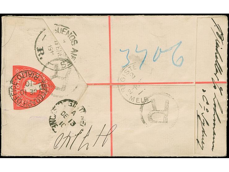 1910, 3 d. rose-red registered postal stationery envelope used uprated with QV 5 d. brown cancelled TELEGRAPH OFFICE RIALTO D