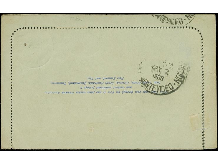 1908, 2 d. blue postal stationery letter card used uprated with Swan ½ dull green, clear FREMANTLE WESTERN AUSTRALIA 3/MR/08 