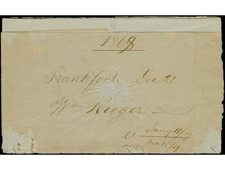 1868, 3 Kr rosa und 18 Kr ockerbraun (unauffällige vertikale Bugspur bzw. min. Schere) auf Überseebrief von FRANKFURT a.M. 21