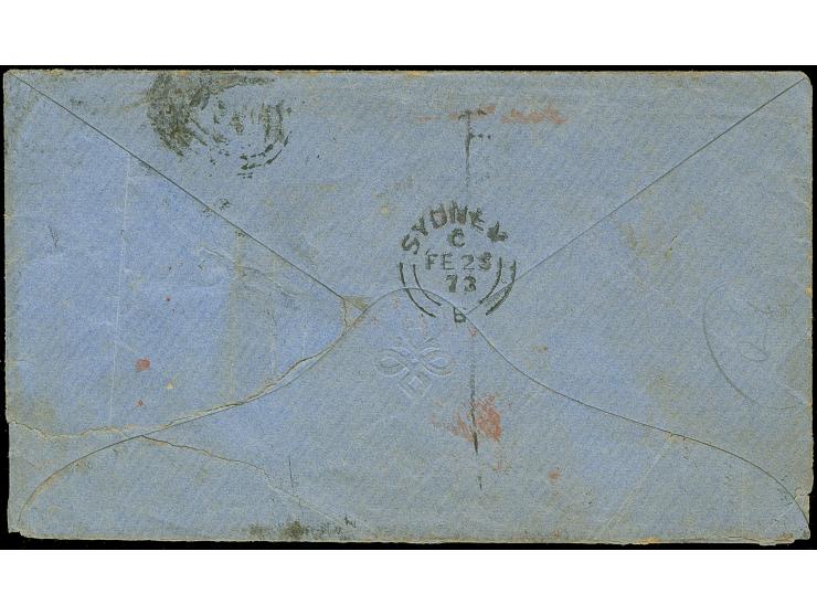 1873, QV 2 d. blue and 6 d. pale lilac (flaw and short perfs) tied to envelope by ocal N.S.W. and SYDNEY A FE/25/73 P cds. al