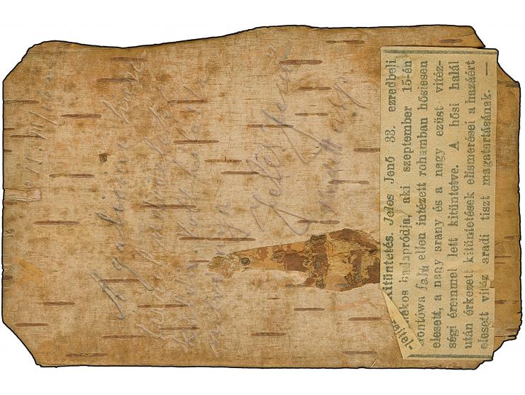 1915, Wood card from 33rd regiment cancelled TABORI POSTA HIVATAL 915/JUL/17 to Arad with label on reverse: ‘kitunteles 33rd 