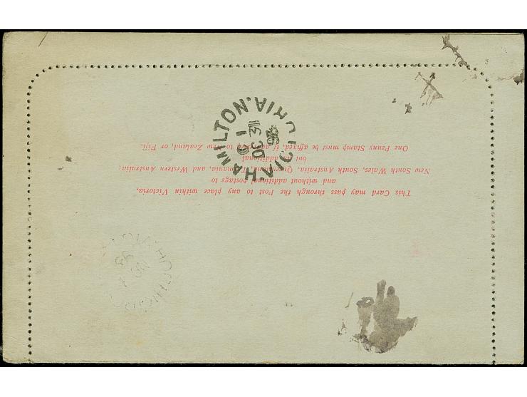 1893, 1 d. rose postal stationery letter card cancelled PENSHURST VICTORIA OC/30/93 boxed TOO LATE alongside, on reverse tran