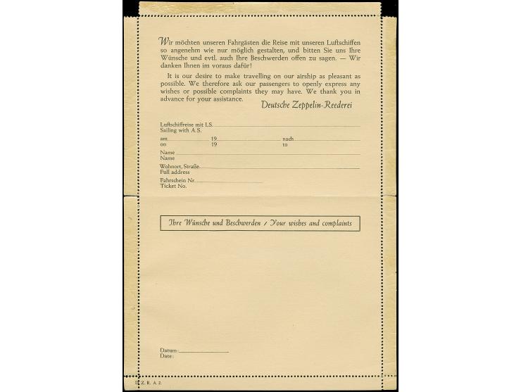 1933 ca., Kartenbrief der Zeppelin-Reederei für Fahrgäste Formular D.Z.R.A.2., innen Vordruck für ‘Wünsche und Beschwerden’ m