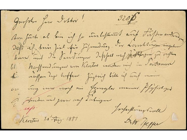 1881, Ganzsachenkarte 10 C rot, Frageteil entwertet mit grossem Zwergstempel KLOSTERS-PLATZ 25 VIII (AW Gr. 139) nach Leipzig