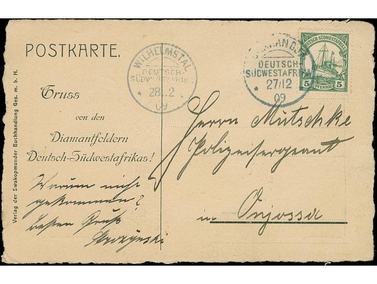 1909, Neujahrs-Karte mit Zeichnung Schwein und Diamanten "Gruß von den Diamantfeldern Deutsch-Südwestafrikas" aus OKAHANDJA 2
