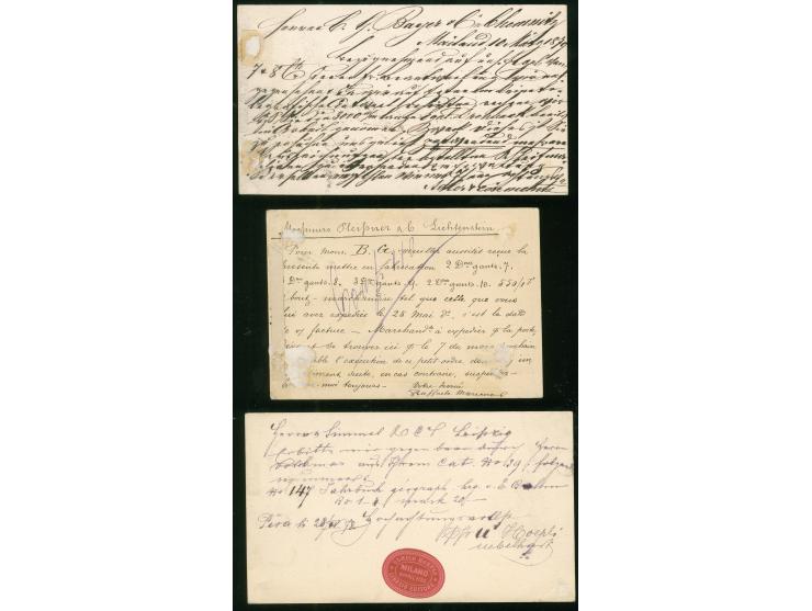 1878/79, Three 0,10 l. postal stationery cards, each used with additional franking 5 c. grey-olive to Chemniz, Sachsen and Li