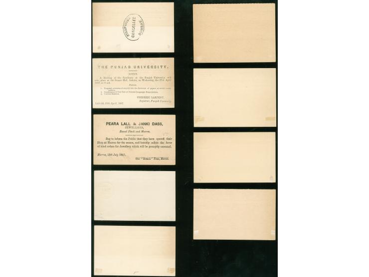 1880/90, Ten postal stationery cards including officials, ¼ a. blue cancelled by oval-framed ´stamp office / cancelled / Bomb
