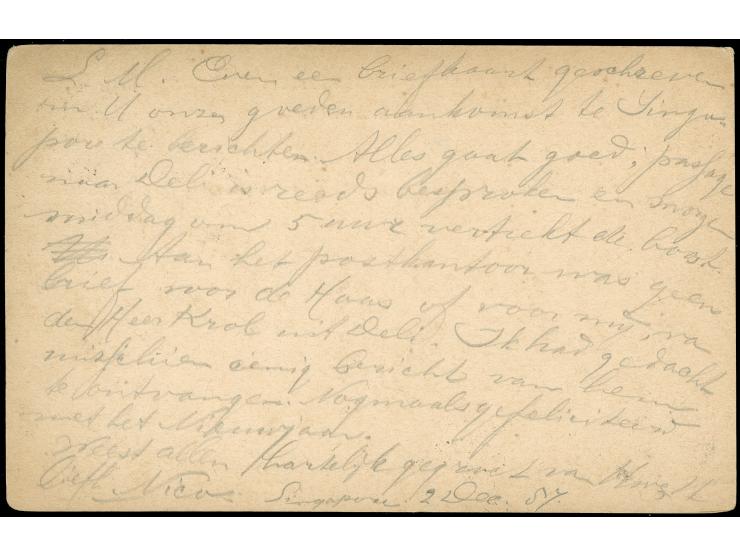 1887, postal stationery card 3 d. blue to Netherlands, cancelled by Singapore A DE/2/87 cds., ‘LIGNE N Paq. Fr. no 6 5/DEC/87