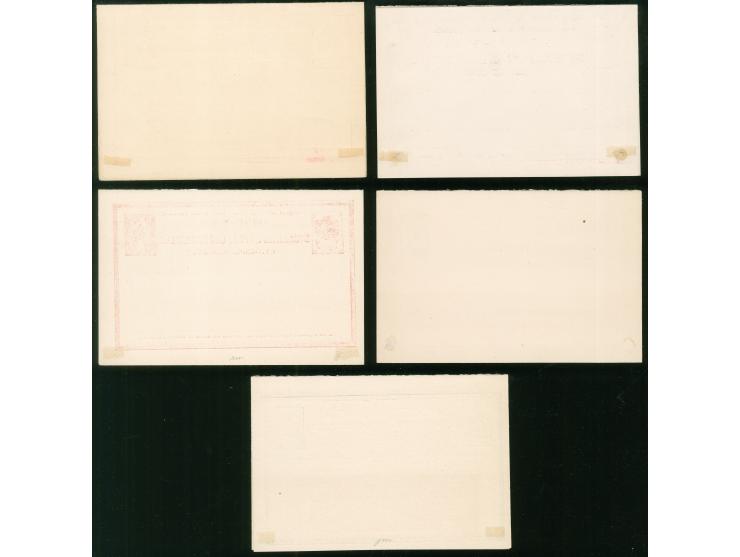 1885/89, Set of 5 complete postal stationery answering cards, all unused, tiny paper adhesives on reverse, otherwise fine.
