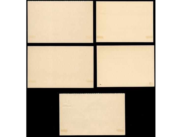 1881/93, QV 5 postal stationery cards including 1 d. on 1½ d.+ 1 d. on 1½ d. reddish-brown complete answering card, all unuse