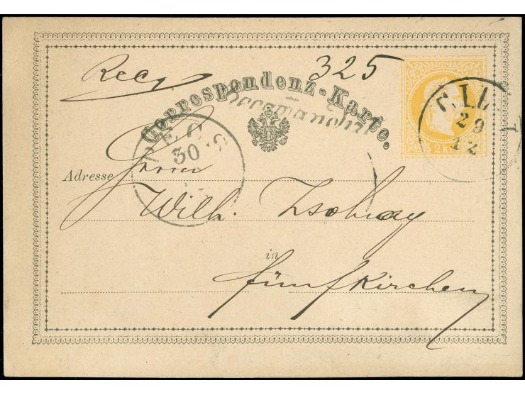 1875, Ganzsachenkarte 2 Kr. gelb mit waagrechtem Paar 5 Kr. karmin, rückseitige Zusatzfrankatur, als Einschreibe-Karte aus CI