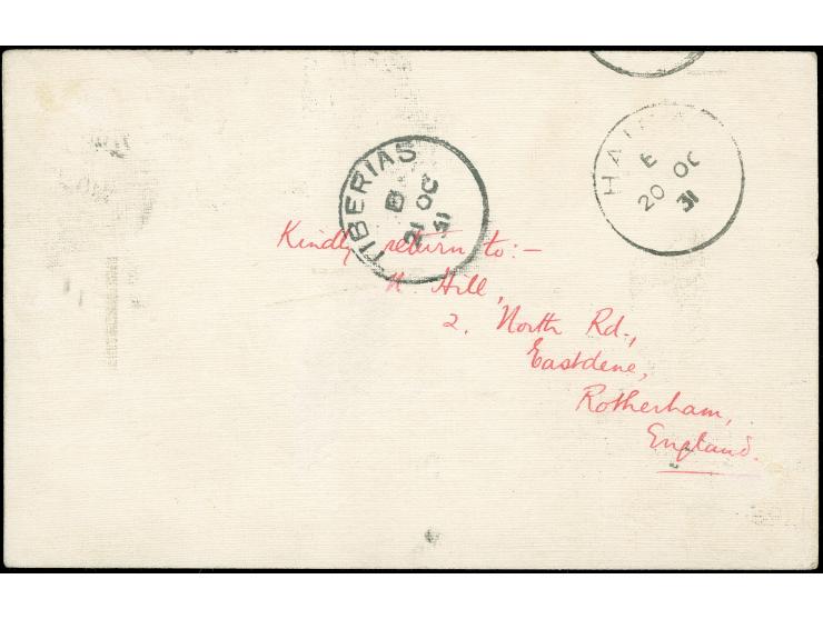 1931, KGV 1½ d. brown and 4x ½ d. green tied to airmail cover by ROTHERHAM 16.10.31 to Tiberias / Palestine with red ms. ´By 