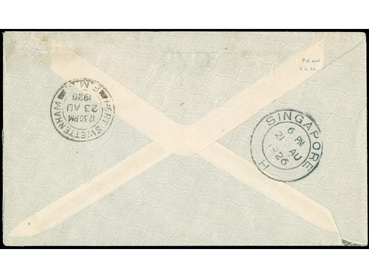 1926, First Flight Singapore - Kuala Lumpur - Pelabohan Kelang (Aug 21), 1 c. black and 3 c. green, tied by Singapore cds. to