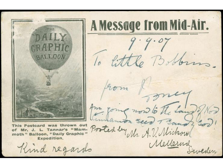 1907, Mammoth Balloon Flight Daily Graphic Newspaper "A Message from Mid-Air" 1 o. blue brown tied to postcard by MELLERME Sw