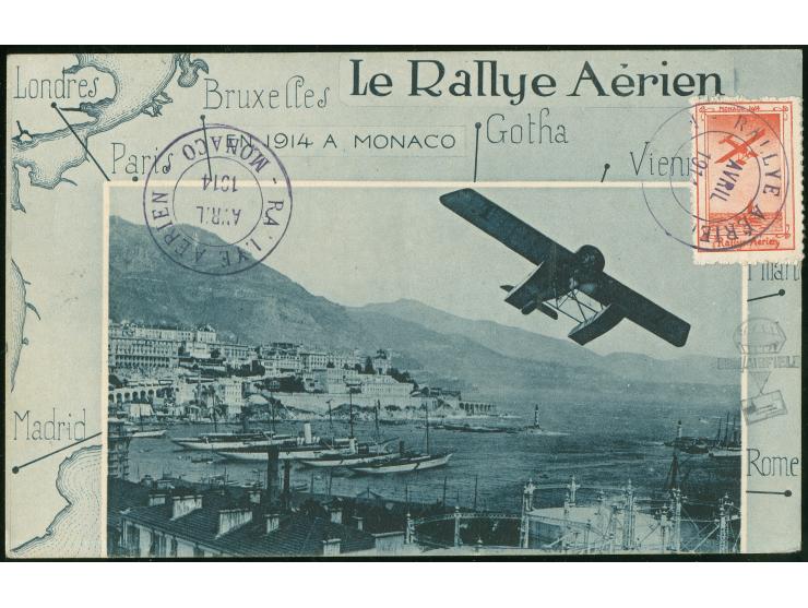 1914, Le Rallye Aérien, stage Monaco, photo card Seaplane over Monaco, violet postmark RALLYE AERIEN MONACO Avril 1914; with 