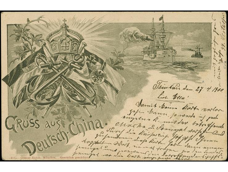 Marineschiffspost: “MSP No. 15 1.5.00” (SMS Kaiserin Agusta) klar auf Krone/Adler 5 Pfg. auf Ansichtskarte “Gruss aus Deutsch