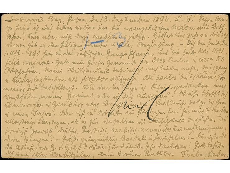 1894, Antwort-Karte Krone/Adler 10 Pfg, mit Stempel “DOBRZYCA RB. POSEN 15.9.94” mit viel Text via Jerusalem nach Bethelehem,