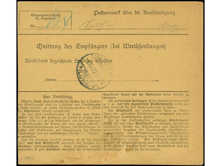 Krone/Adler 25 Pfg. mit Zwischensteg unten, mit Stempel “HAMBURG 5. 3.10.00” auf Paketkarten-Stammteil nach Winsen mit Ankunf
