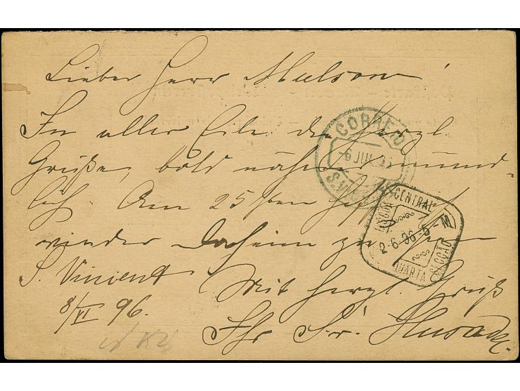 1896, Antwort-Karte Krone/Adler 10 Pfg. mit Zufrankatur Kap Verde 20 R. lila mit Stempel “S.VINCENTE11.JUL96” und viel Text n