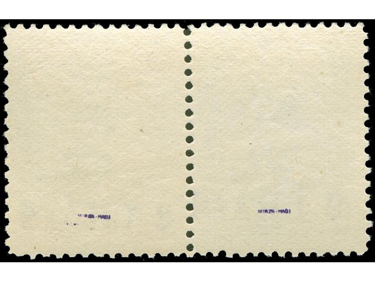 1906, Shah Muzaffar ad-Din 2 kr. ultramarine with violet surcharge 2 CHAIS in a horizontal pair, mint never hinged, signed Mi