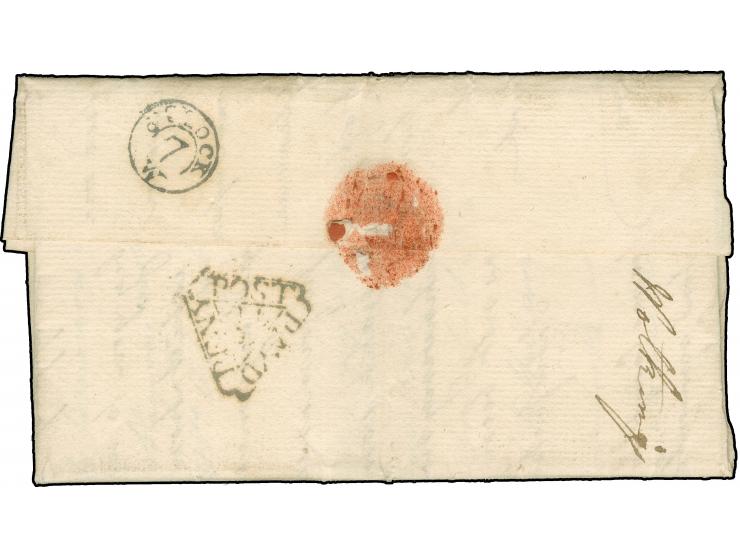 1768, folded envelope from Temple with triangle “PAYD / PENY / POST / TU” in black on reverse and “O' CLOCK 7 W” alongside, a