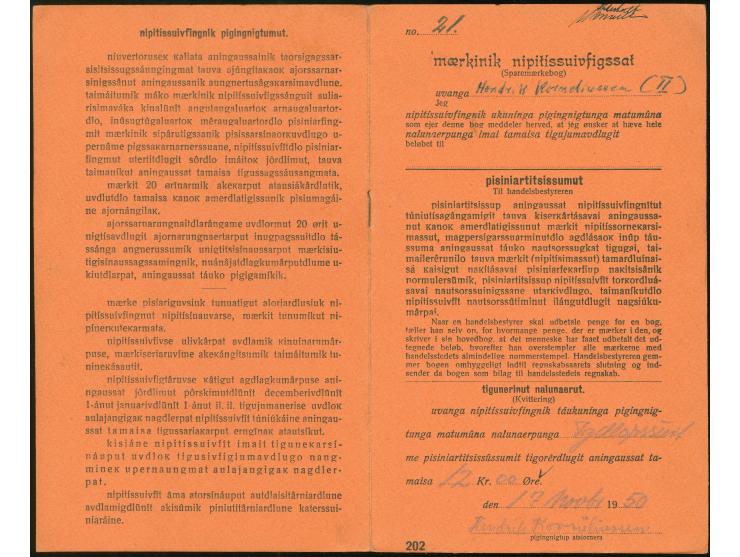 1950, Greenland Savings Book with orange cover (rare type) containing 28 large-numeral postal saving stamps 25 øre deep blue 