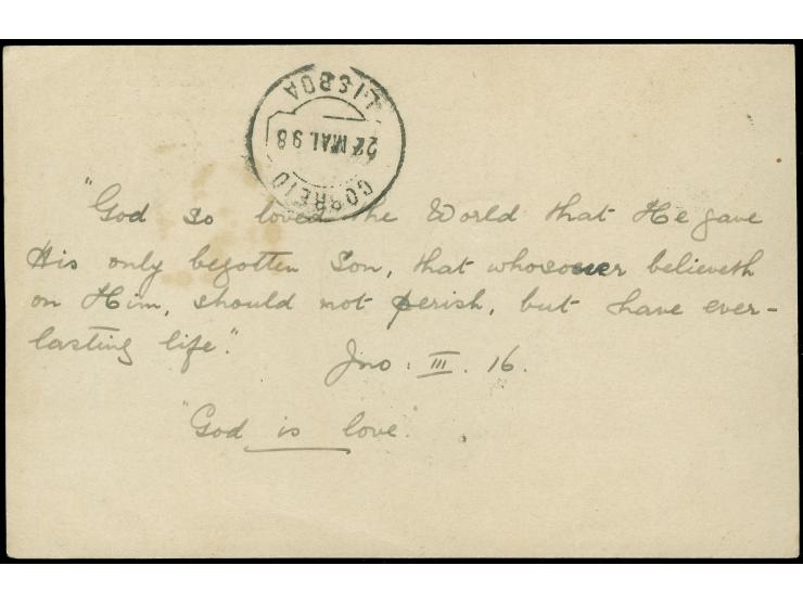 1898, Portuguese Africa 10 r. rose illustrated card, Igreja dos Jeronymos, up-rated with 1898 10 r. violet mailed from S. Vic