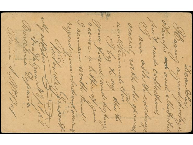 1902, 5 c. card up-rated with Cadet 2 c. mailed from Barcelona via London to St. Helena, a scarce destination.
