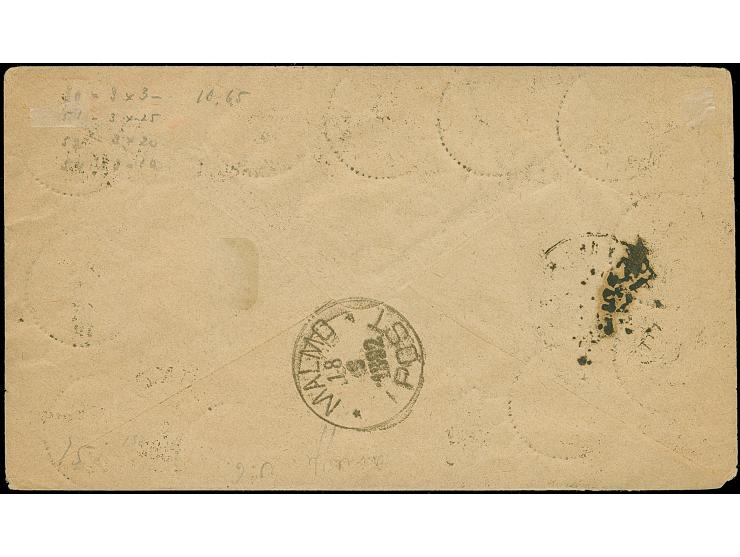 1886, 3 ö. yellowish-brown and orange-brown (two different shades), with 1892 1 ö. brown/blue, 2 ö. blue/yellow and 4 ö. carm