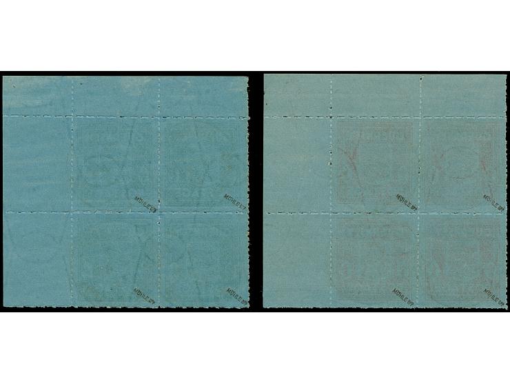 1942, Wappen ½ P. grün und 1 P. dunkelrot graublauem Papier, jeweils im Viererblock aus der rechten oberen Bogenecke mit Boge
