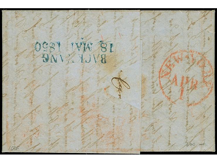 1850, "12¾ AMERICA ÜBER BREMEN" und "14 1/12", beide in rot auf komplettem, unbezahltem Faltbrief von St. Louis nach Backnang