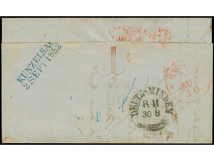1852,"32/9 R AMERICA ÜBER BREMEN" in rot auf komplettem, unbezahltem Faltbrief von New York, mit rückseitigem Aufgabe Stempel