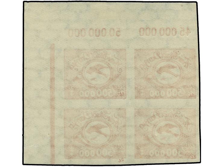 1923, Flugpost 500.000 M., Ungezähnter Viererblock aus der rechten oberen Bogenecke, Marken postfrisch, im Rand Falzspuren.