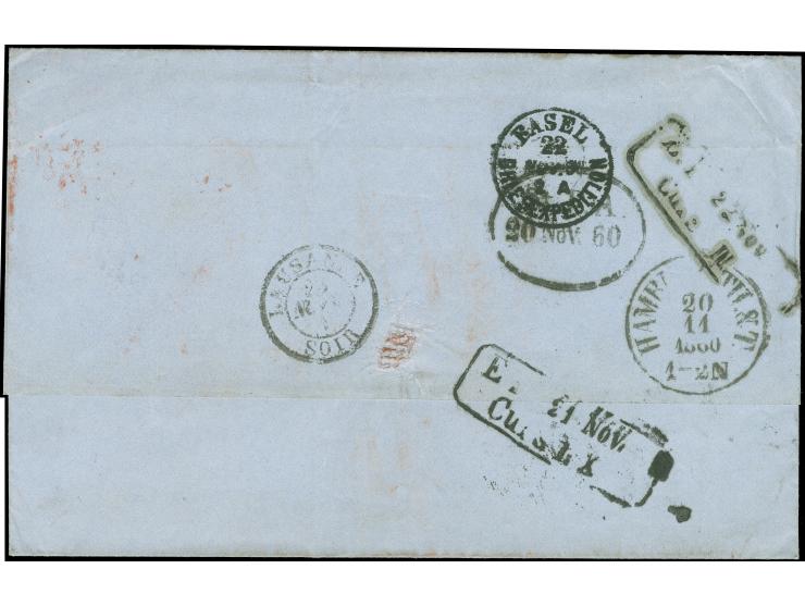 1860, 5 c. brown and 10 c. green tied by clear grill obliterator in red to envelope, red "N. YORK PAID HAMB. PKT. 10 /NOV.3" 