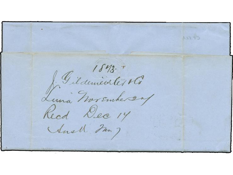 1873, folded commercial envelope with blue "GILDEMEISTER &amp; Co." from LIMA to Lanman &amp; Kemp in New York City, with blu