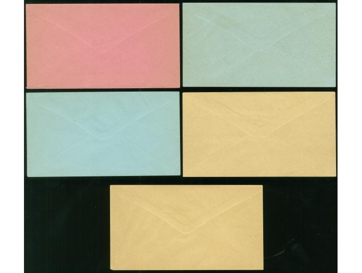 1893, Five stationery envelopes, 5 c. black on blue and 10 C black on yellow, four steam ship postal stationery envelopes "Se