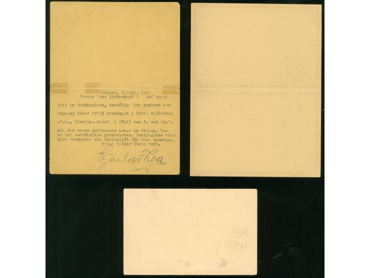 1895/99, Three postal stationery cards 2 c. black on buff/cream, two answering cards, one used uprated in 1948 written in Cuc