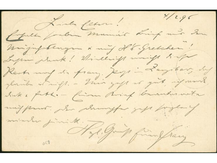 1896, LINDI 4.2.96 auf Ganzsache 10 Pfennig "Krone/Adler" mit Aufdruck 5 PESA, Durchgangsstempel DAR-ES-SALAAM 8.2.96, ADEN F
