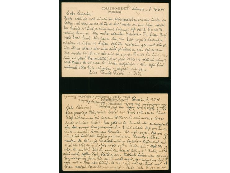 1945, Britische Zone Behelfsausgaben: 2 Ganzsachen RPD Schwerin prepaid 6 Pfg. bezahlt, Stempel SCHWERIN 30.8.45 und LÜBECK 1