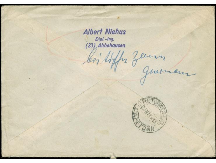 1947/48, Ganzsachenkarte 12 Pf von Neumünster Schleswig nach Toronto Canada und Brief von Abbehausen 1948 nach Südafrika (ung