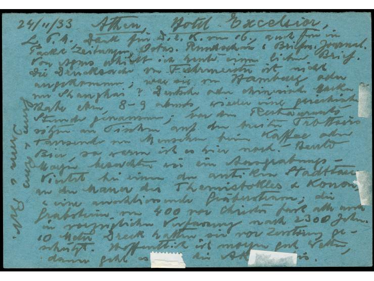 1933, Iris goddess of the rainbow, 15 L blue rouletted, a corner margin block of ten tied to a ‘postage-paid’ postcard with t