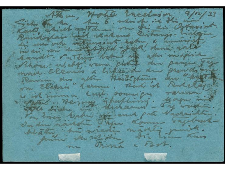 1933, Greek woman from the Dodecanese 10 L vermilion corner margin block of ten tied to postcard with text from a traveller, 