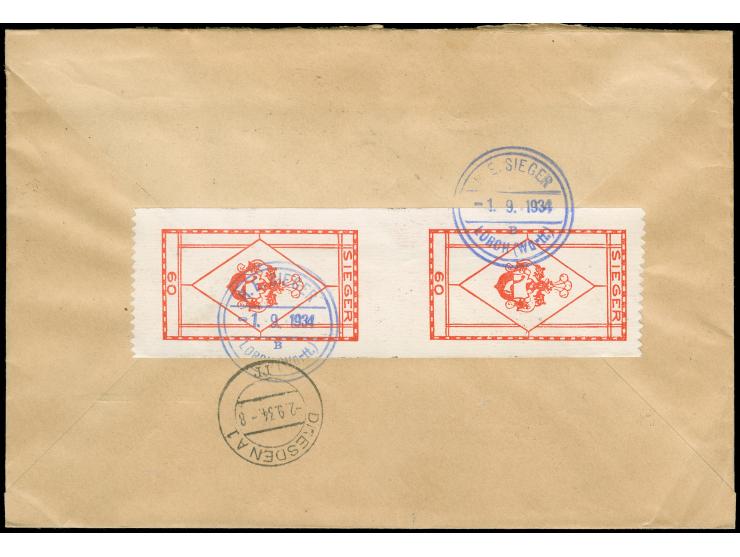 1934, Reichsparteitag 6 - 12 Pfg. mit Ersttagsstempel “LORCH 1.9.34”, mit Zufrankatur, als portogerechte Frankatur auf R-Brie