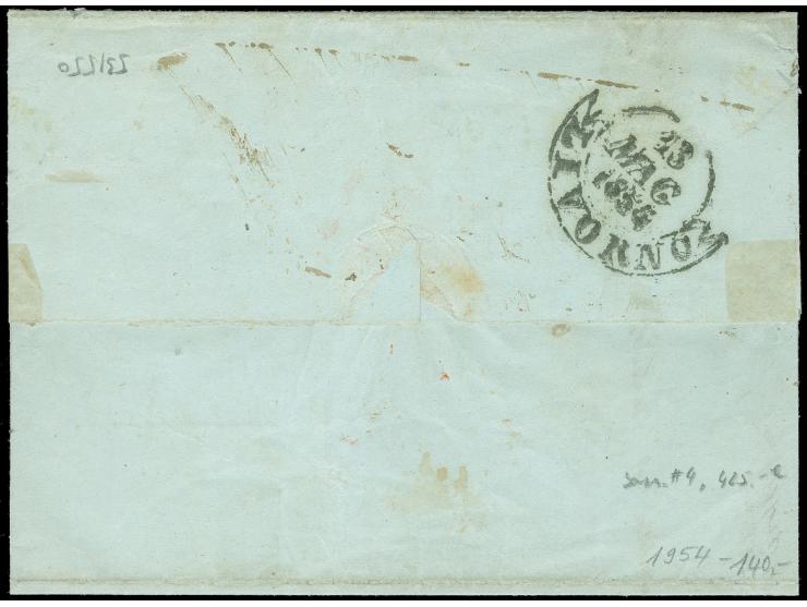 1855, 25 c. on brownish, full margins with separation lines on two sides tied to envelope with mute cancellation from MODENA 