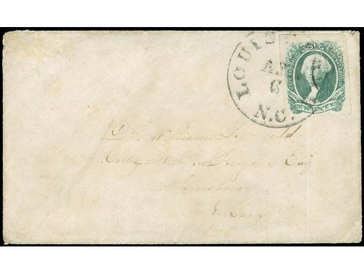 20 c. blueish green, huge margins, tied by "Louisburgh APR/6" circular datestamp to small cover to S.Ca., very fine.
