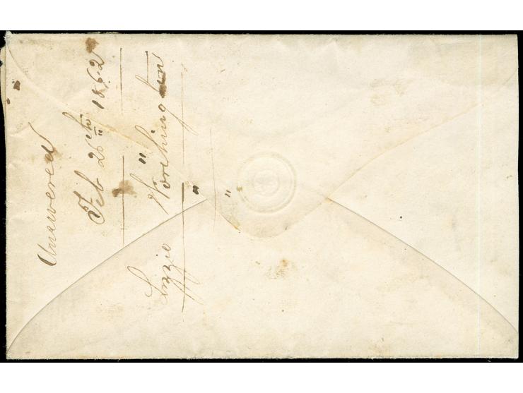 1862, 5 cent green, Stone 2 (Scott 1), four margins, tied by manuscript ´X´ on a cover, postmarked red-orange Feb 14 Orange C